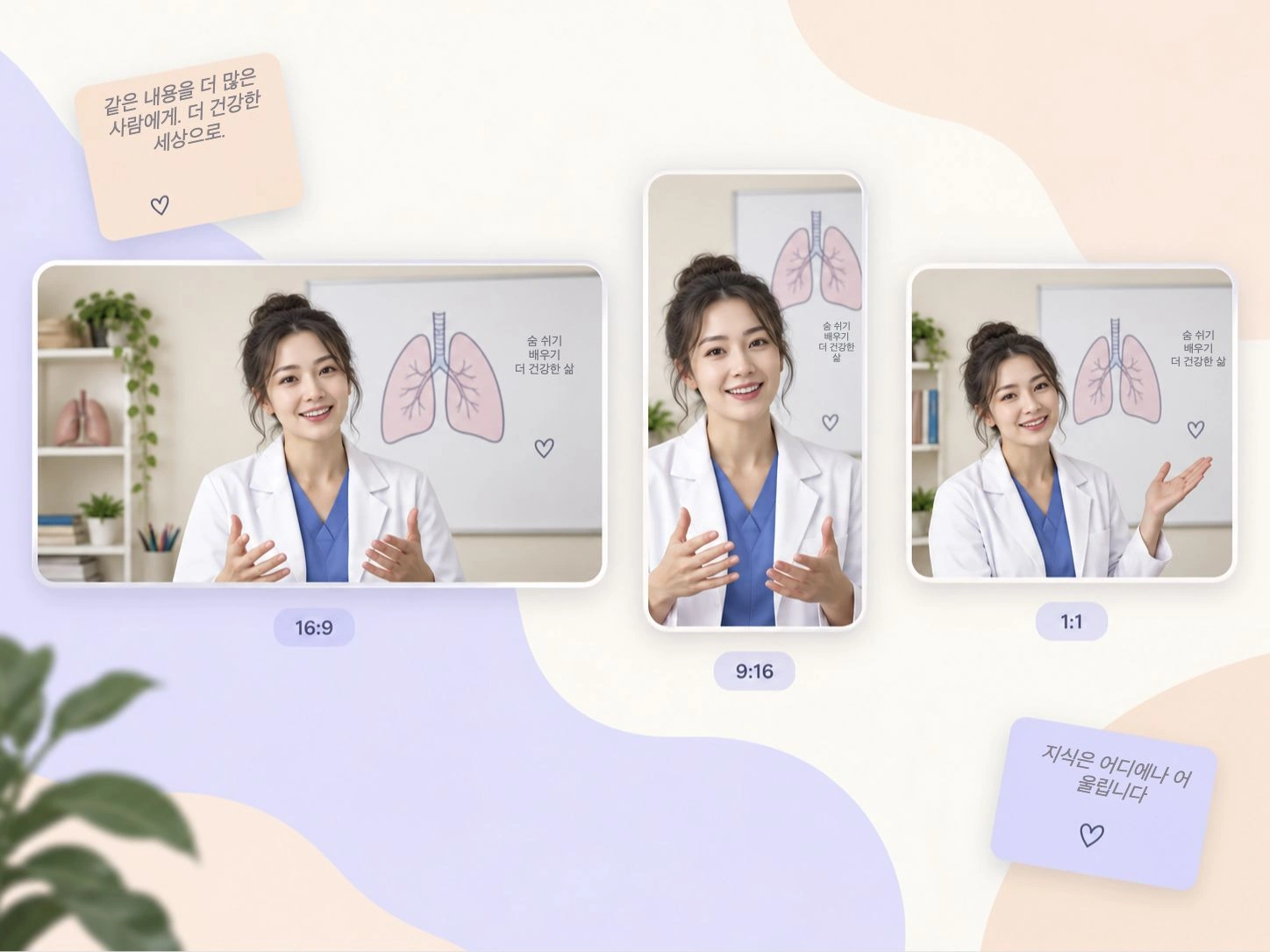 16:9, 9:16, 1:1 비율로 최대 4K 해상도의 의료 영상을 제작할 수 있습니다.