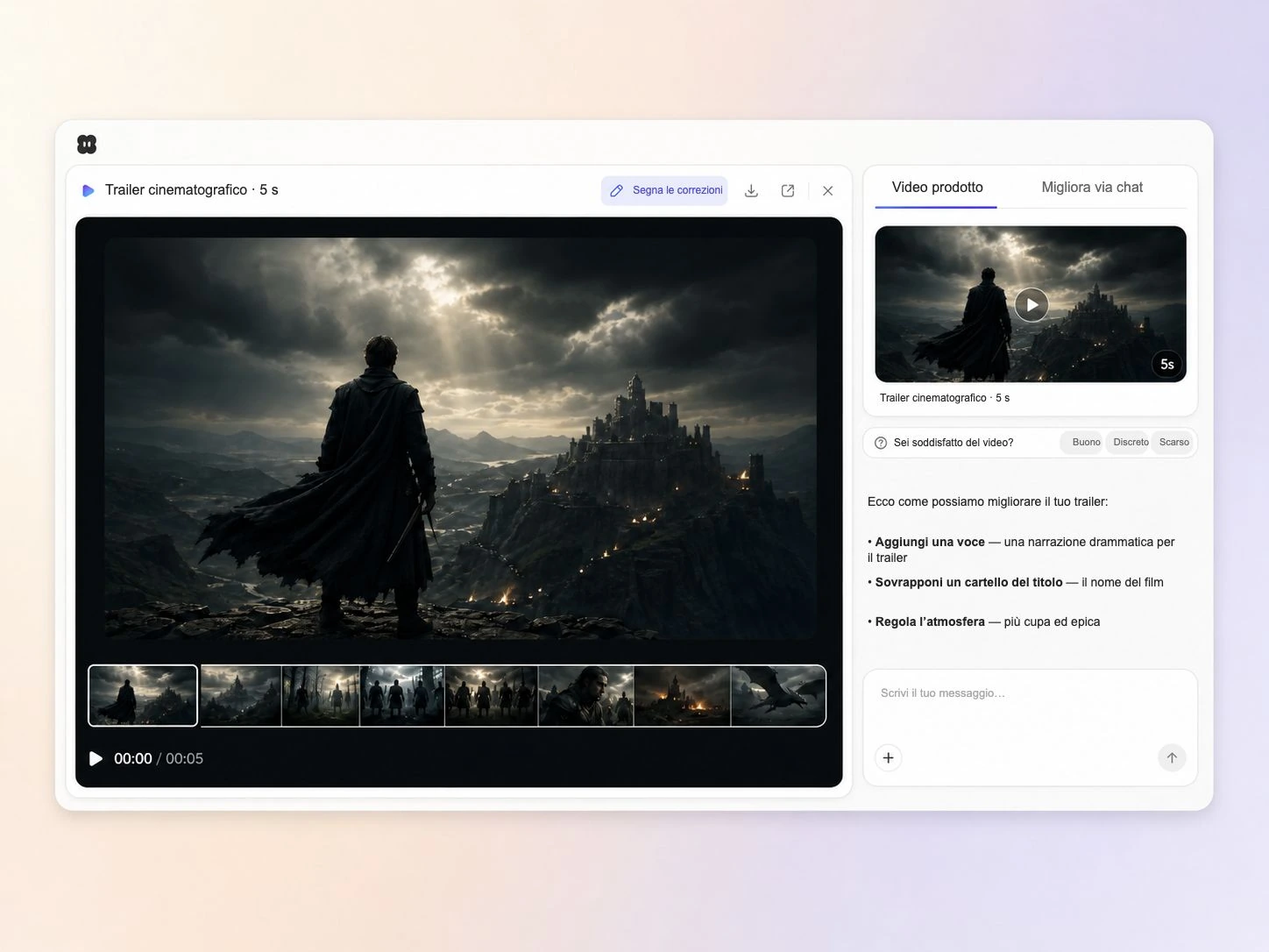 Creazione di un trailer cinematografico da un testo e una foto nell'editor di Pexo