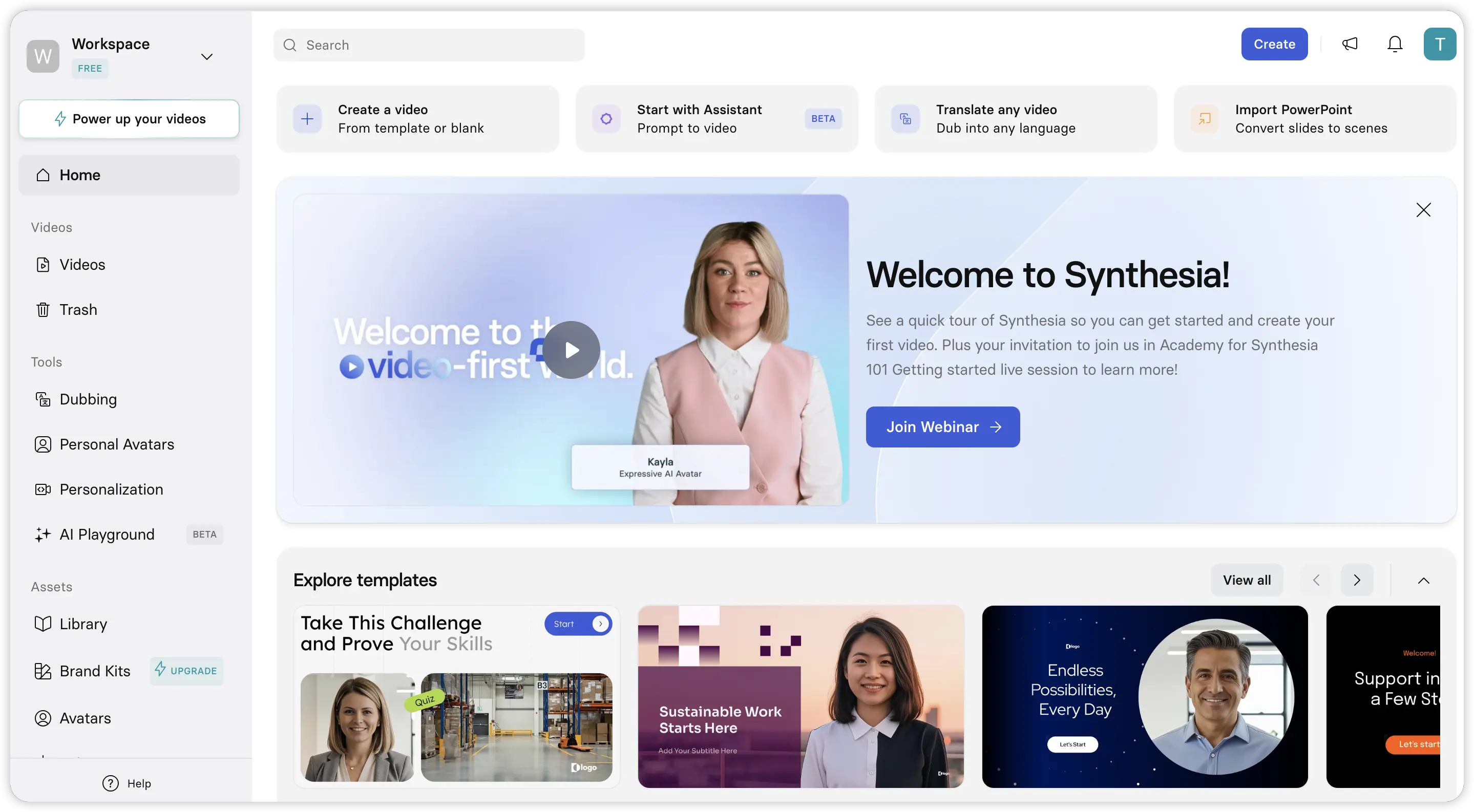Synthesia AI video platform dashboard with templates