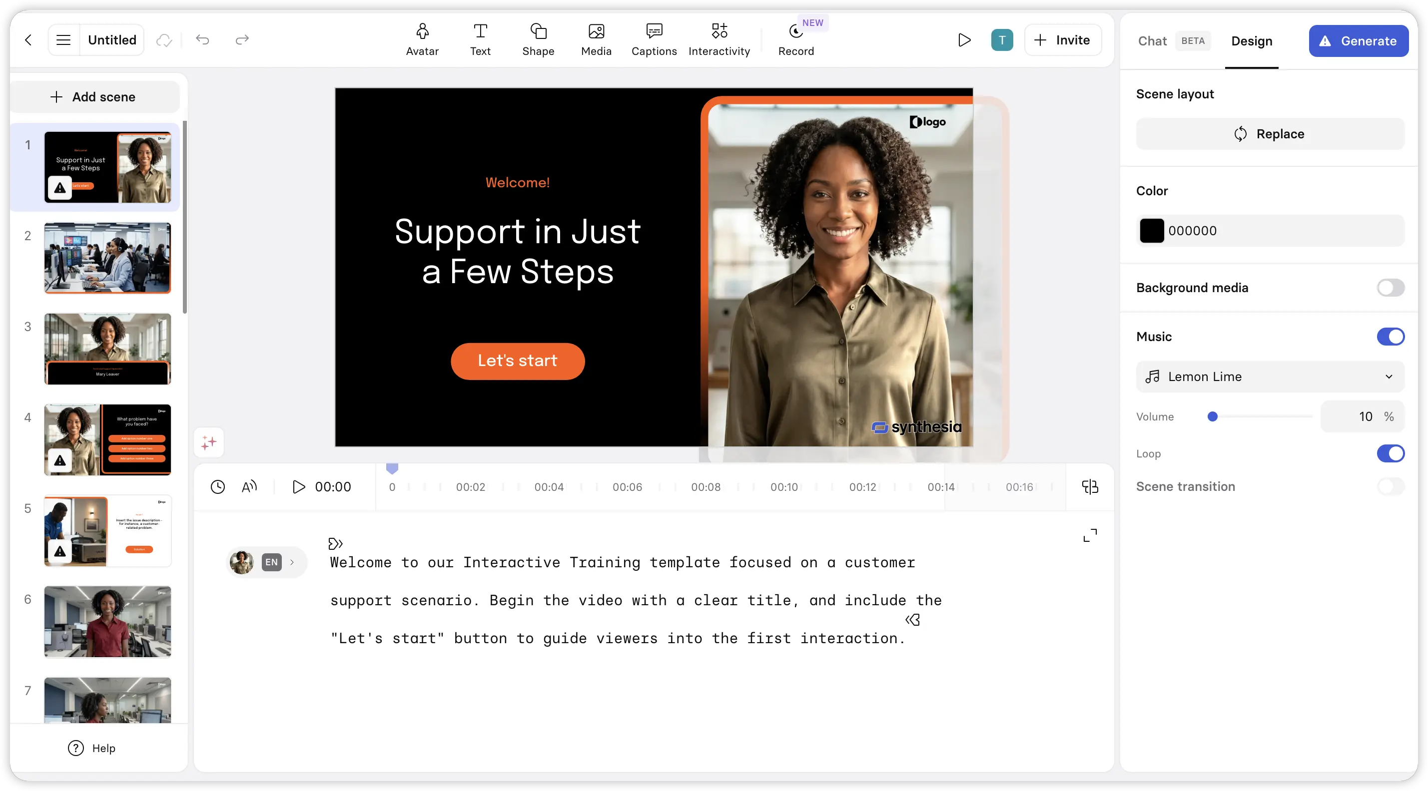 Synthesia video editor workspace with AI avatar and timeline